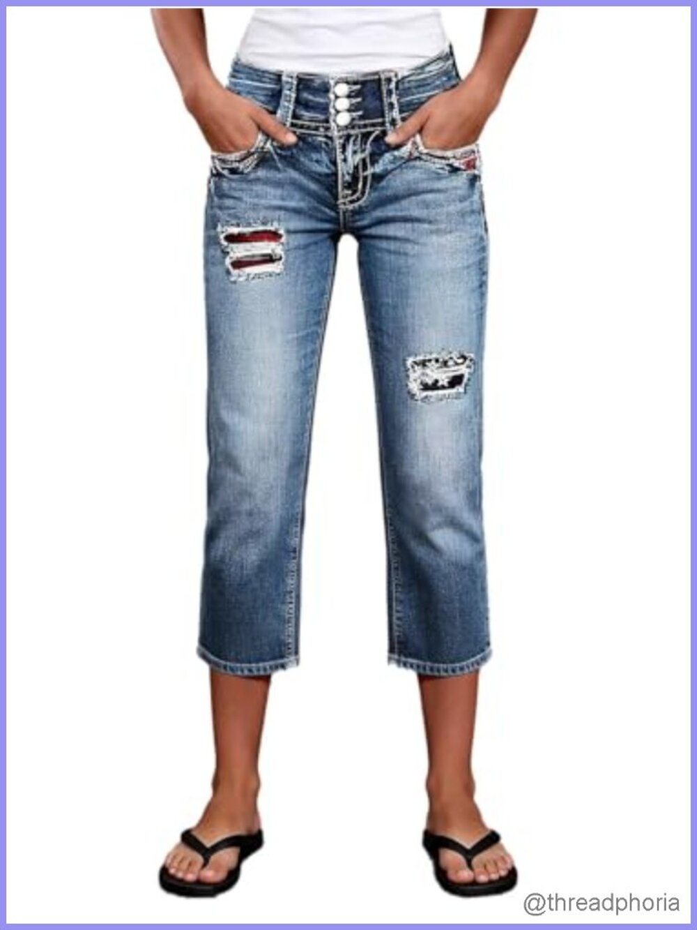 High Rise Straight Leg Capri Jeans Star Embroidered Ripped Denim